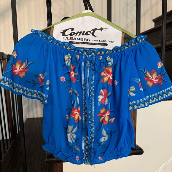 Flying Tomato Blue Off-Shoulder Embellished Blouse - Picture 1 of 4